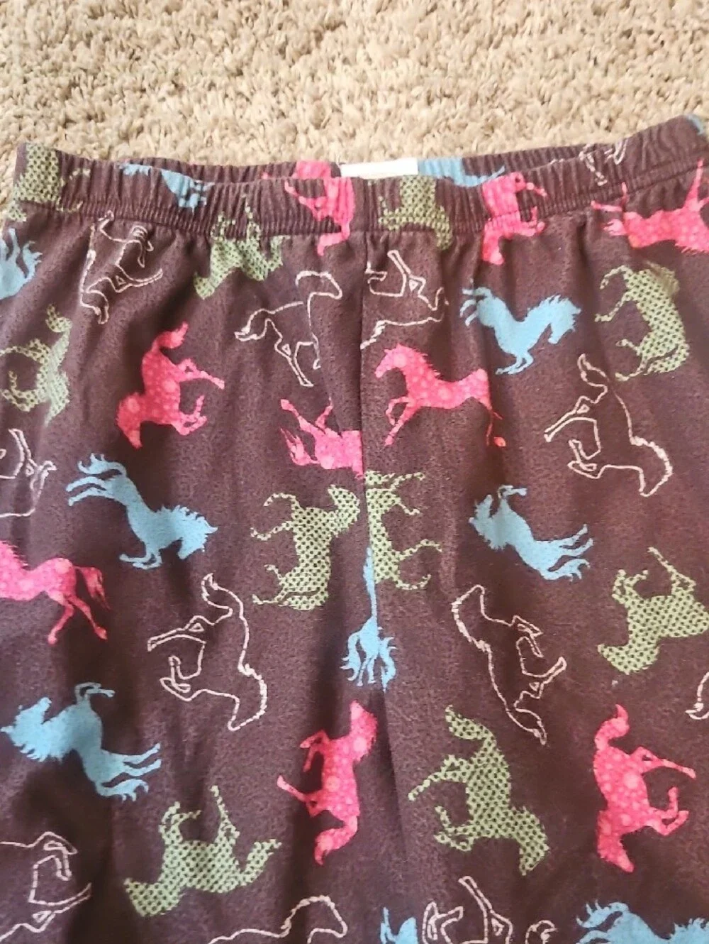 Kids Brown Horse-Print Pajama Pants in Pink Blue Green